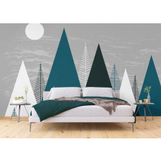 Eine Fototapete mit einer Illustration von Bergen in einem Schlafzimmer.