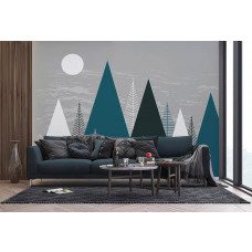 Eine Fototapete mit einer Illustration von Bergen in einem Wohnzimmer.