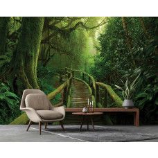 Eine Fototapete mit einem bezaubernden Dschungel mit einer Brücke und tropischen Pflanzen, ideal für ein Wohnzimmer.
