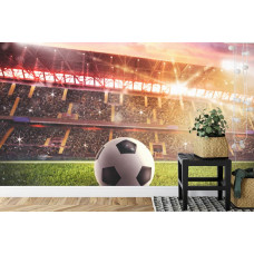 Ein Fototapete mit einem dynamischen Bild eines Fußballstadions in einem Kinderzimmer.