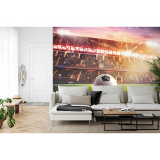 Ein Fototapete mit einem dynamischen Bild eines Fußballstadions in einem Wohnzimmer.