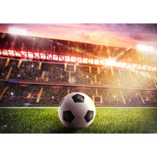 Fototapete eines großen Fußballstadions mit vollen Tribünen und einem weiten Blick auf das Spielfeld, auf dem ein Spiel in vollem Gange ist.