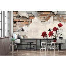 Fotobehang met romantische rozen op betonlook achtergrond in een modern kantoor.