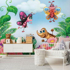 Eine Fototapete mit Insekten für Kinder im Babyzimmer, mit Tiermotiven und im Kinderzimmer.