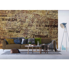 Eine Fototapete mit einer inspirierenden Leinwand Glauben in einem Wohnzimmer.