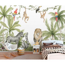 Eine lebendige Dschungel-Themen-Tapete mit Tieren, ideal für ein Kinderzimmer.