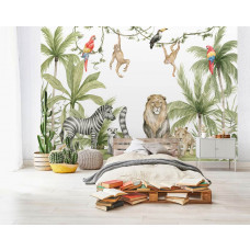 Eine Fototapete mit Dschungeltieren in einem verspielten Stil, geeignet für ein Schlafzimmer.