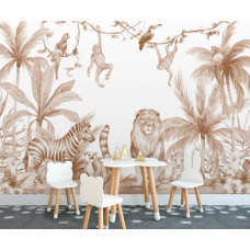 Eine terrakottafarbene Kindertapete mit Dschungeltieren in einem verspielten Design.