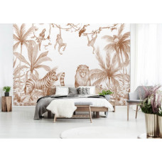 Eine Fototapete mit Dschungeltieren in warmen Terrakottatönen, perfekt für ein Schlafzimmer.