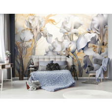 Eine Fototapete von Iris Germanica White Knight mit weißen Blumen im Schlafzimmer.