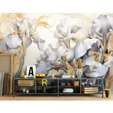 Eine Fototapete von Iris Germanica White Knight mit weißen Blumen auf Vliestapete im Wohnzimmer.