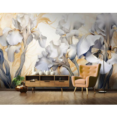 Eine Fototapete von Iris Germanica White Knight mit weißen Blumen im Wohnzimmer.