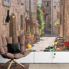 Eine Fototapete mit einer charmanten Straße in Rovinj, abgebildet in einem Wohnzimmer.