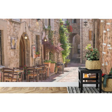 Eine Fototapete mit einer rustikalen Straße in Rovinj, Kroatien, abgebildet in einem mittelalterlichen Design.