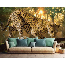 Eine Fototapete mit einem Jaguar und Panther in einer Waldumgebung in einem einladenden Wohnzimmer.