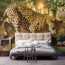 Eine Fototapete mit einem Jaguar und Panther in einer Waldumgebung, ideal für ein Schlafzimmer.