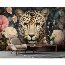 Eine Fototapete mit einem Jaguar und Blumen, ein künstlerisches Leopardenmotiv im Wohnzimmer.