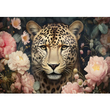 Fototapete mit einem imposanten Jaguar zwischen Blumen, mit einer dramatischen Darstellung der Großkatze in ihrer Umgebung.