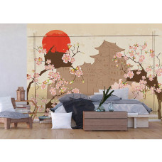 Eine Fototapete mit japanischen Kirschblüten, ideal um eine ruhige Atmosphäre in einem Schlafzimmer zu schaffen.