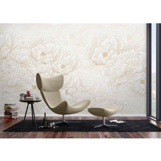 Eine Fototapete mit japanischen Blumen auf beigem Hintergrund in einem modernen Wohnzimmer, wo die feinen Linien und warmen Beigetöne ein zeitloses und raffiniertes Aussehen schaffen.