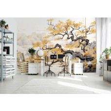 Eine Fototapete eines japanischen Baumes im Kunststil, Natur im Schlafzimmer.