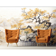 Eine Fototapete eines japanischen Baumes im Kunststil, Natur im Wohnzimmer.