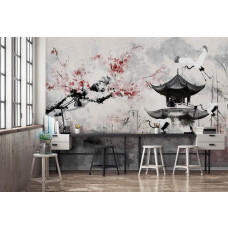 Ein Büro mit einer Fototapete mit eleganten Reihern, einem japanischen Haus und Kirschblüten in einem künstlerischen Stil.