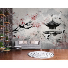 Ein Wohnzimmer mit einer Fototapete mit eleganten Reihern, einem japanischen Haus und Kirschblüten in einem künstlerischen Stil.