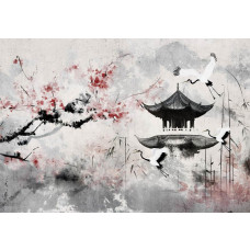 Fototapete mit eleganten Reihern, einem japanischen Haus und Kirschblüten in einem künstlerischen Stil.