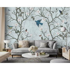 Eine Fototapete mit japanischen Vögeln in einem Blütenwald mit Kirsch- und Apfelblüten, die dem Raum eine raffinierte Atmosphäre verleiht.