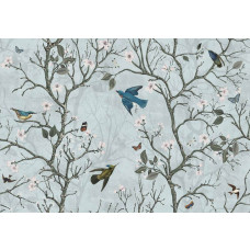 Fototapete mit japanischen Vögeln in einem Blütenwald, mit Kirsch- und Apfelblüten.