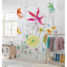 Eine Fototapete mit einer künstlerischen Darstellung von Blumen, entworfen von Joli, in einem abstrakten Stil. Dieser Druck verleiht dem Schlafzimmer einen künstlerischen und lebendigen Look.