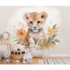 Fototapete mit einem jungen Löwen in einem ruhigen Kinderzimmer.