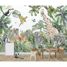 Tiere wie ein Elefant, eine Giraffe, ein Zebra, ein Löwe, ein Papagei, ein Katta und ein Tukan im Dschungel auf einer abenteuerlichen Fototapete in einem Kinderzimmer.