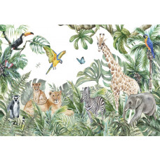 Tiere wie ein Elefant, eine Giraffe, ein Zebra, ein Löwe, ein Papagei, ein Katta und ein Tukan im Dschungel auf einer abenteuerlichen Fototapete.