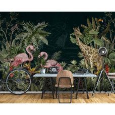 Eine Fototapete mit exotischen Tieren und tropischen Pflanzen in einem Dschungelthema, perfekt für ein Büro.