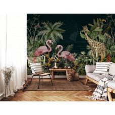 Eine tropische Fototapete mit Tieren in einem üppigen Dschungel für das Wohnzimmer.