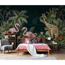 Eine Fototapete mit tropischen Tieren in einer farbenfrohen Dschungelumgebung für das Schlafzimmer.