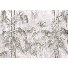 Fotobehang met jungle dessin in zwart-wit met planten en betonlook