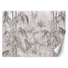 Fotobehang met jungle dessin in zwart-wit met planten en betonlook