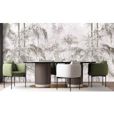 Fotobehang met jungle dessin in zwart-wit met planten en betonlook
