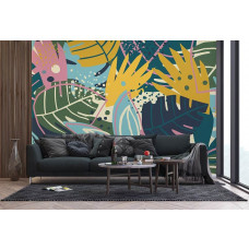 Eine Fototapete von Dschungelblättern im Kunststil in einem Wohnzimmer mit Airtex.