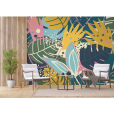 Eine Fototapete von Dschungelblättern im Kunststil in einem Geschäftsraum.