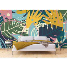 Eine Fototapete von Dschungelblättern im Kunststil in einem Schlafzimmer mit Vliestapete.