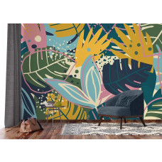 Eine Fototapete von Dschungelblättern im Kunststil in einem Wohnzimmer mit Vliestapete.