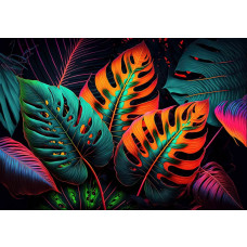 Fototapete mit neonfarbenen Dschungelblättern, darunter Monstera und tropische Pflanzen. Die botanischen Muster in leuchtenden Farbtönen sorgen für einen futuristischen und tropischen Effekt.