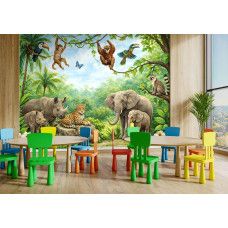 Fototapete mit Dschungel Tieren im Spielzimmer mit Affen, Elefanten und tropischen Bäumen in einem lebendigen Dschungel.