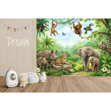 Fototapete mit Dschungel Tieren im Kinderzimmer mit einer verspielten Dschungelszene und verschiedenen Wildtieren.