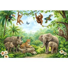 Dschungeltier-Fototapete im Kinderzimmer mit Elefanten, Affen und einem Leoparden inmitten tropischer Pflanzen.