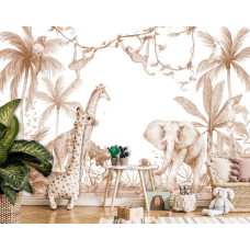 Een speelse kinderkamer met een fotobehang met allemaal dieren zoals een olifant, aap, giraffe en een papegaai in de jungle, in terracotta kleuren.